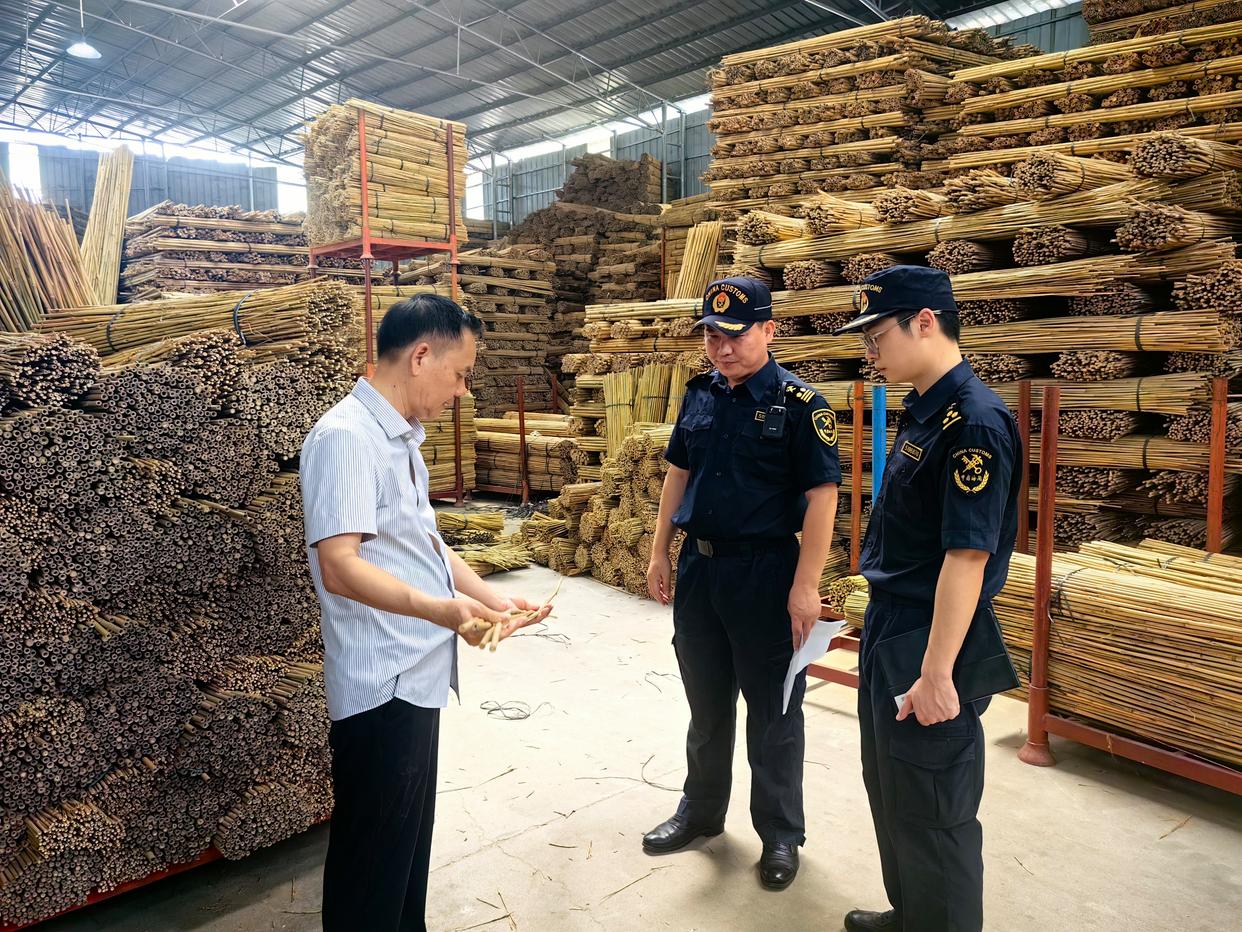 Customs officers inspect bamboo products at Huaiji Junming warehouse